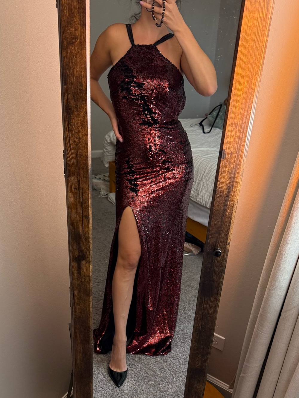 La Femme Sequin Halter Gown in Deep Burgundy / Black
